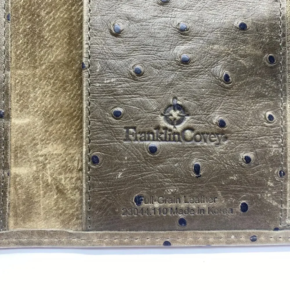 Franklin Covey Brown Green Ostrich Leather Planner Structured 3-Ring Binder Card